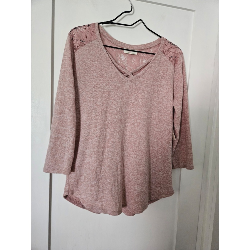 Bobbie Brooks NWT Pink Marl Knit Top Large Lace Accent Strappy V-Neck 3/4 Sleeve